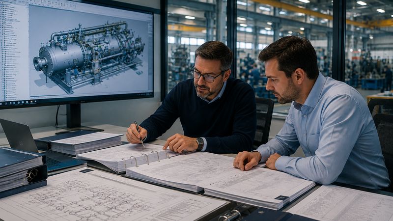 Modèle technique tridimensionnel et plans consultés lors d'une revue d'ingénierie